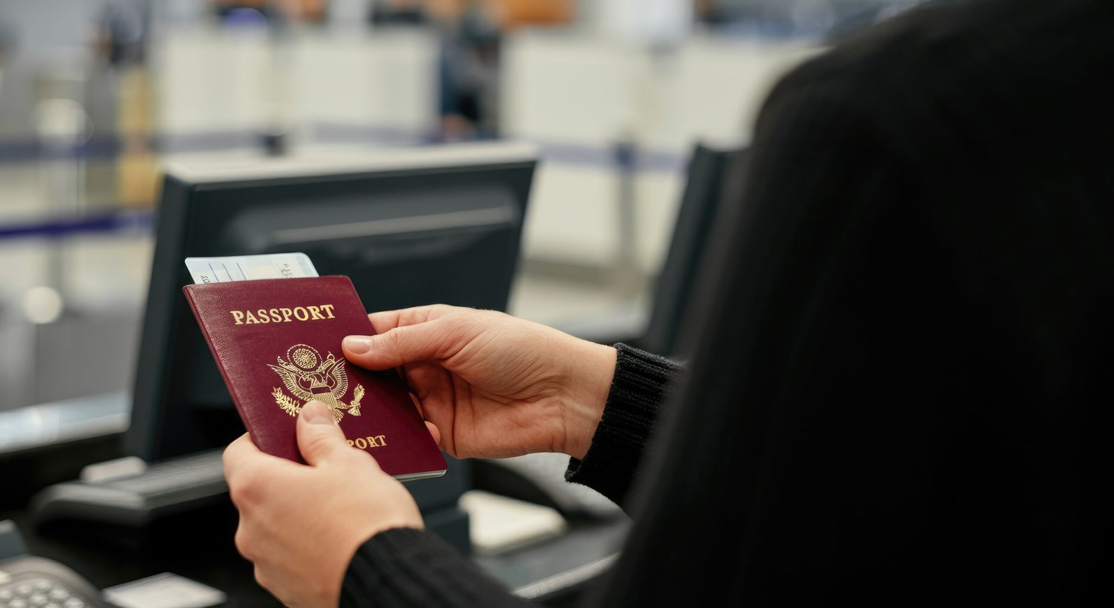 Voyageur tenant son passeport devant un comptoir d'enregistrement, symbole du parcours d'immigration au Canada